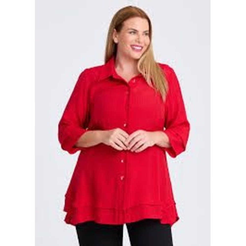 ALC Woman Red Crinkle Textured Button Down Tunic Top Plus Size 3X RN 59394